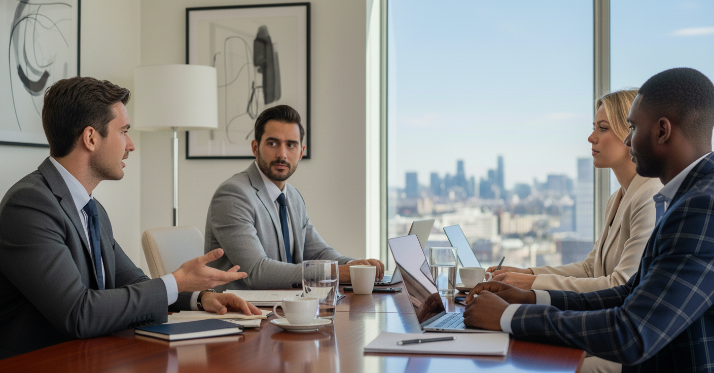 Group of males and females sitting around a table in a business office with a city in the background