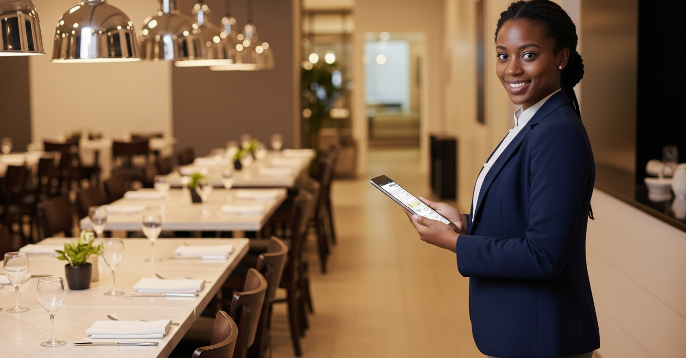 Women holding a tablet overseeing a dining room within a hotel