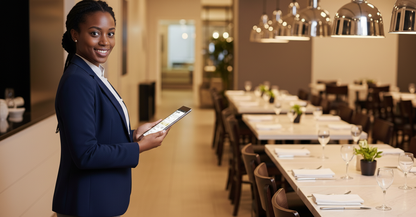 Women holding a tablet overseeing a dining room within a hotel