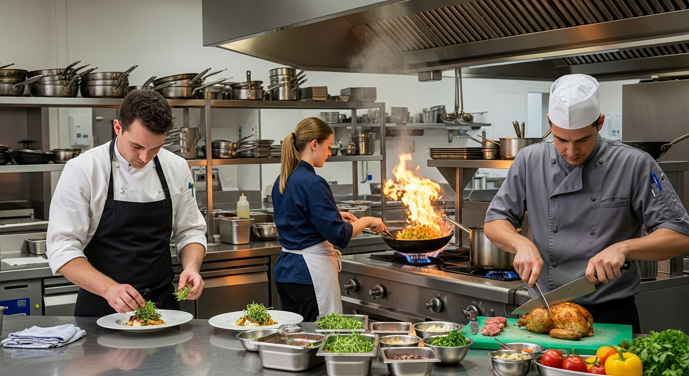 Group of chefs working in a professional kitchen