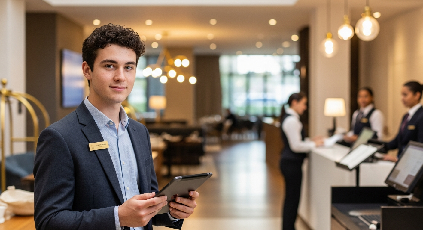 Hotel manager with a clipboard in a hotel lobby