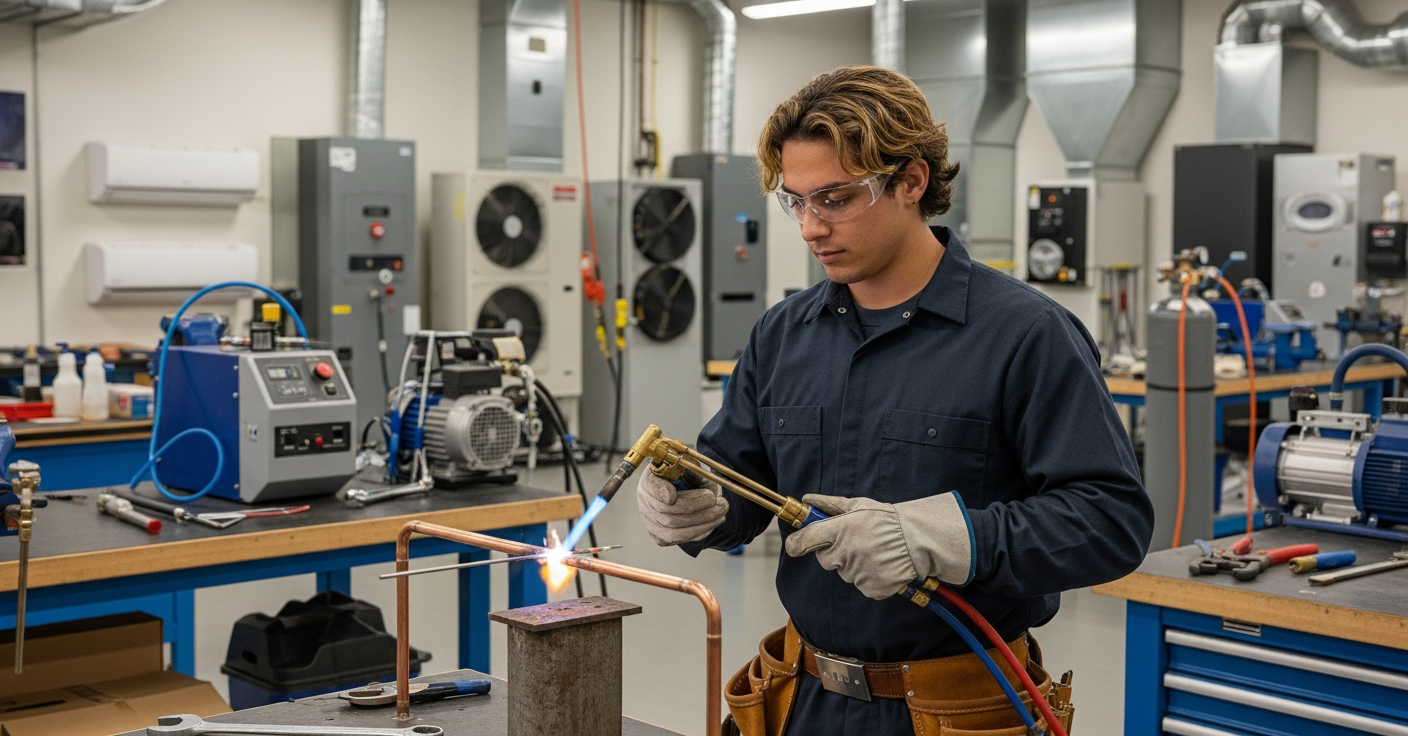 A male working on an HVAC/R system while wearing safety glasses