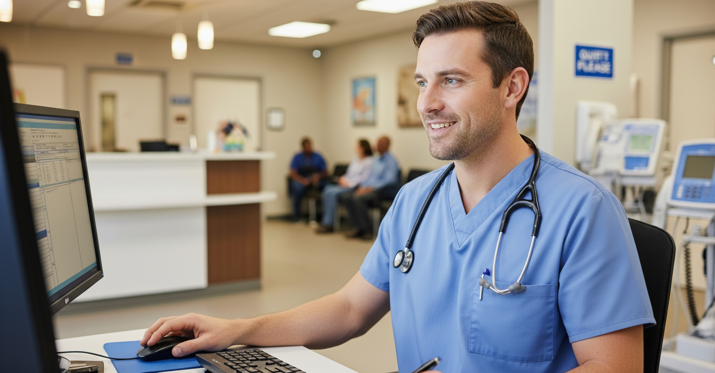 Male medical assistant sitting at a computer in a medical office