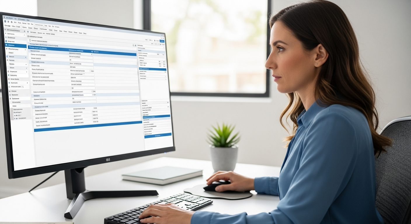 Woman working at a computer doing medical billing and coding