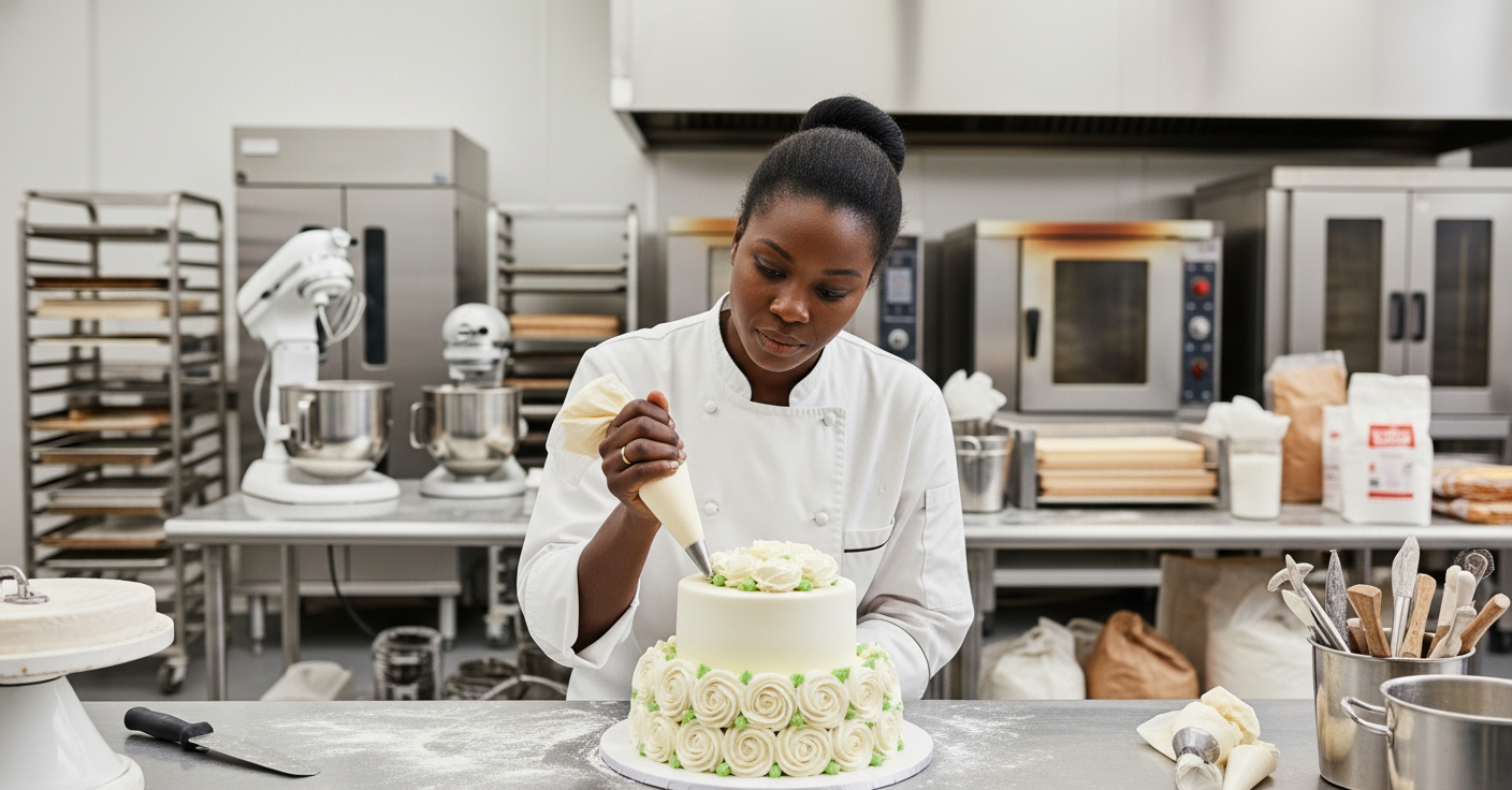 Female pastry chef decorating a cake within a professional kitchen
