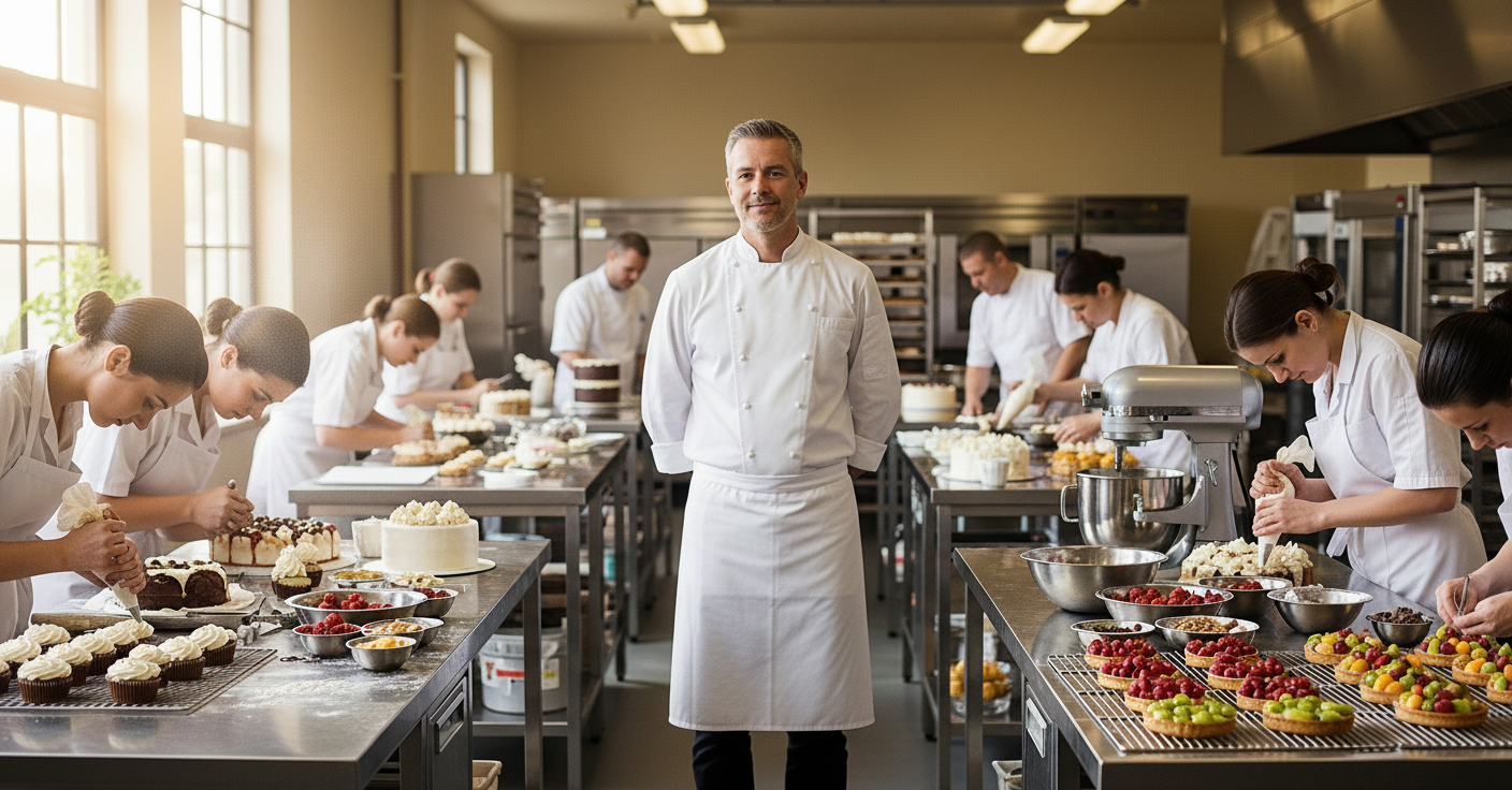 Chef in professional kitchen overseeing a group of pastry and baking students