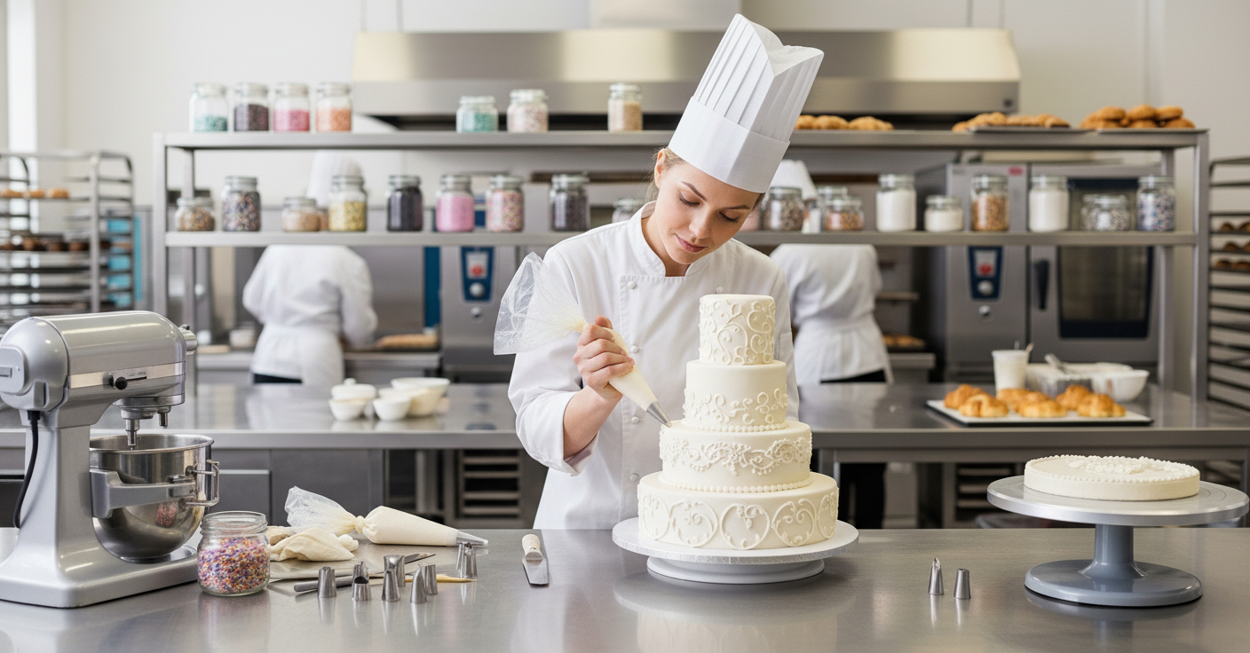 Student carefully decorates a cake with a piping bag in a professional kitchen.