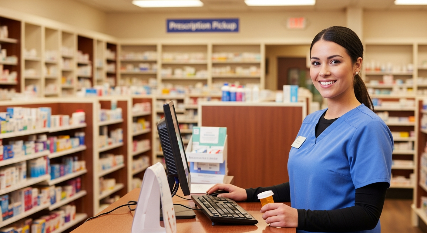 Female pharmacy technician working in a pharmacy
