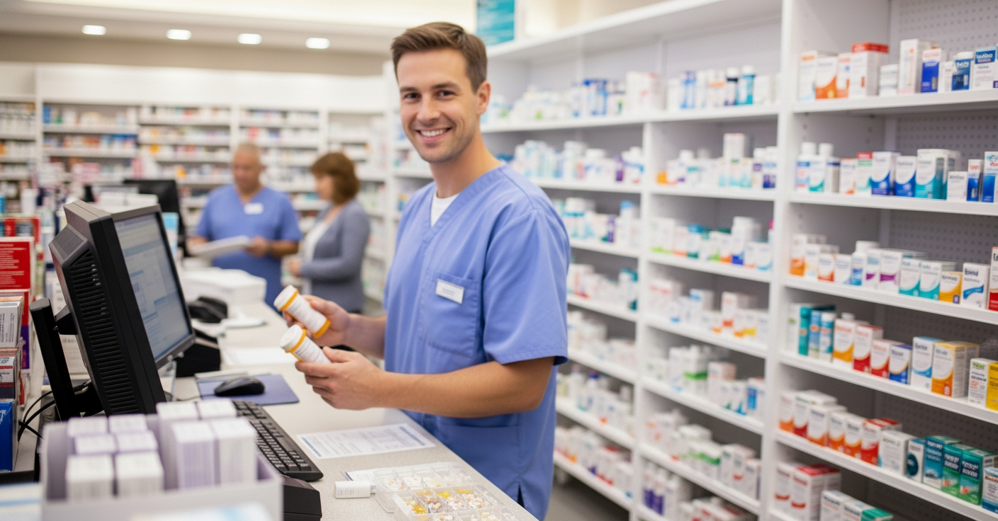 male pharmacy technician working in a pharmacy