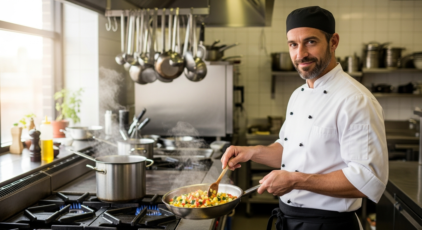 Male chef in white uniform and black cap cooking vegetables in professional kitchen