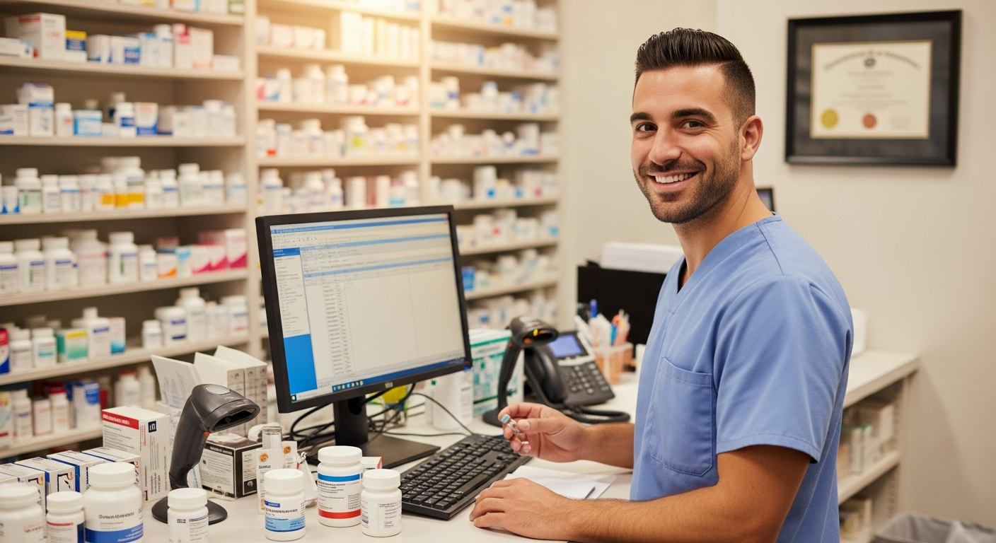 Male pharmacy technician in blue scrubs working at computer in pharmacy with medication shelves in background