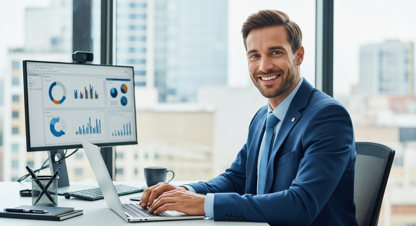Male business professional in blue suit working on laptop at modern office desk with monitor displaying data charts