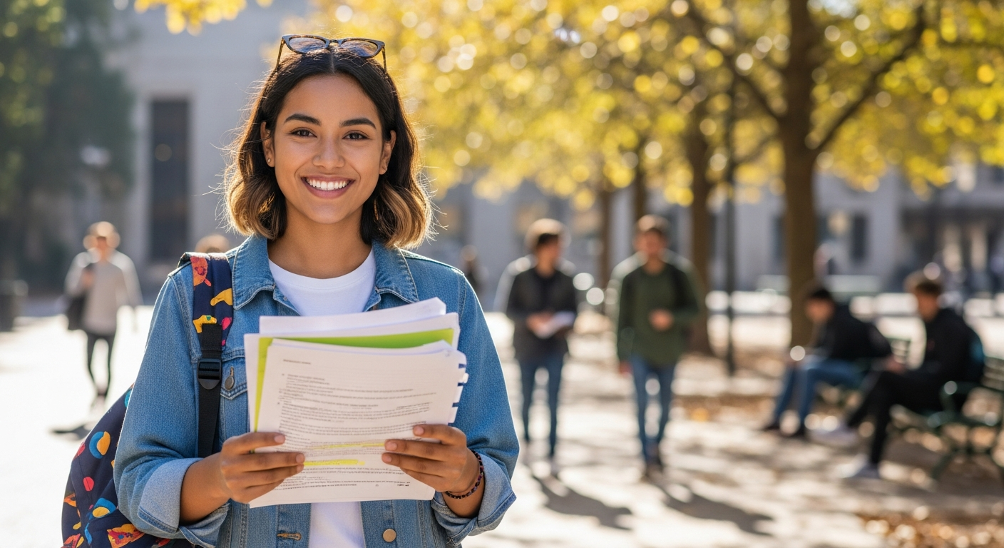 Young female student holding paperwork on campus