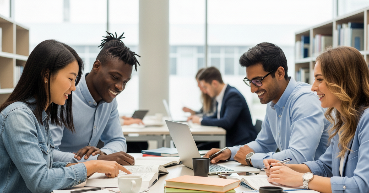 A young diverse group of students studying together and laughing