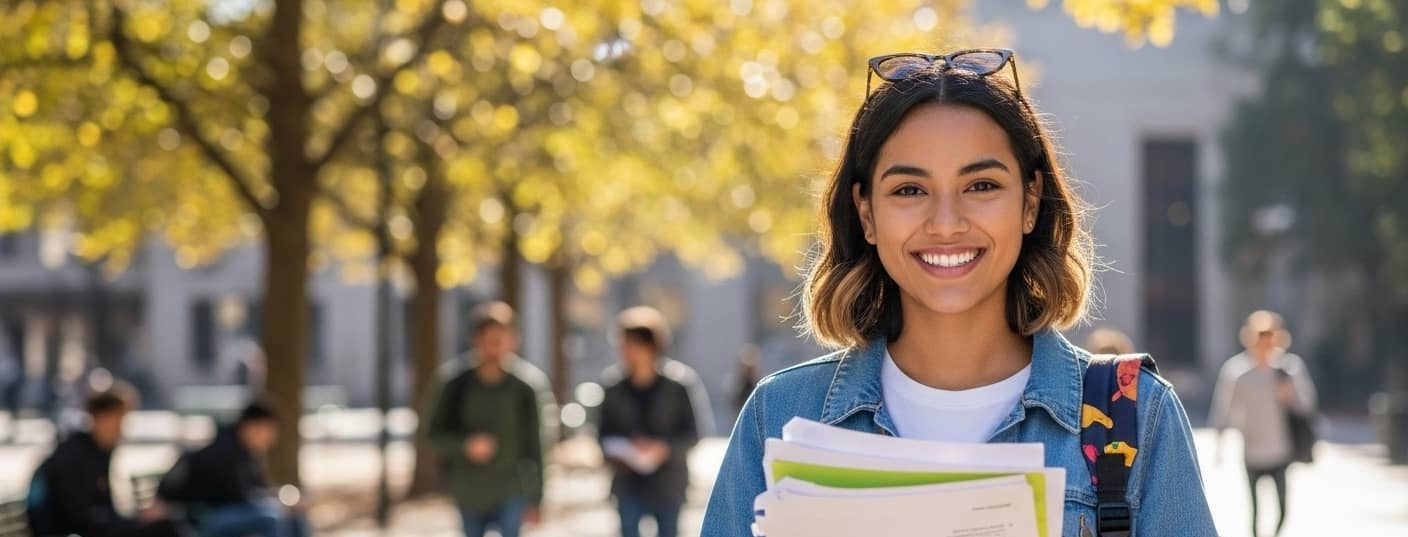 Smiling female student standing outdoors on campus holding textbooks and wearing a backpack
